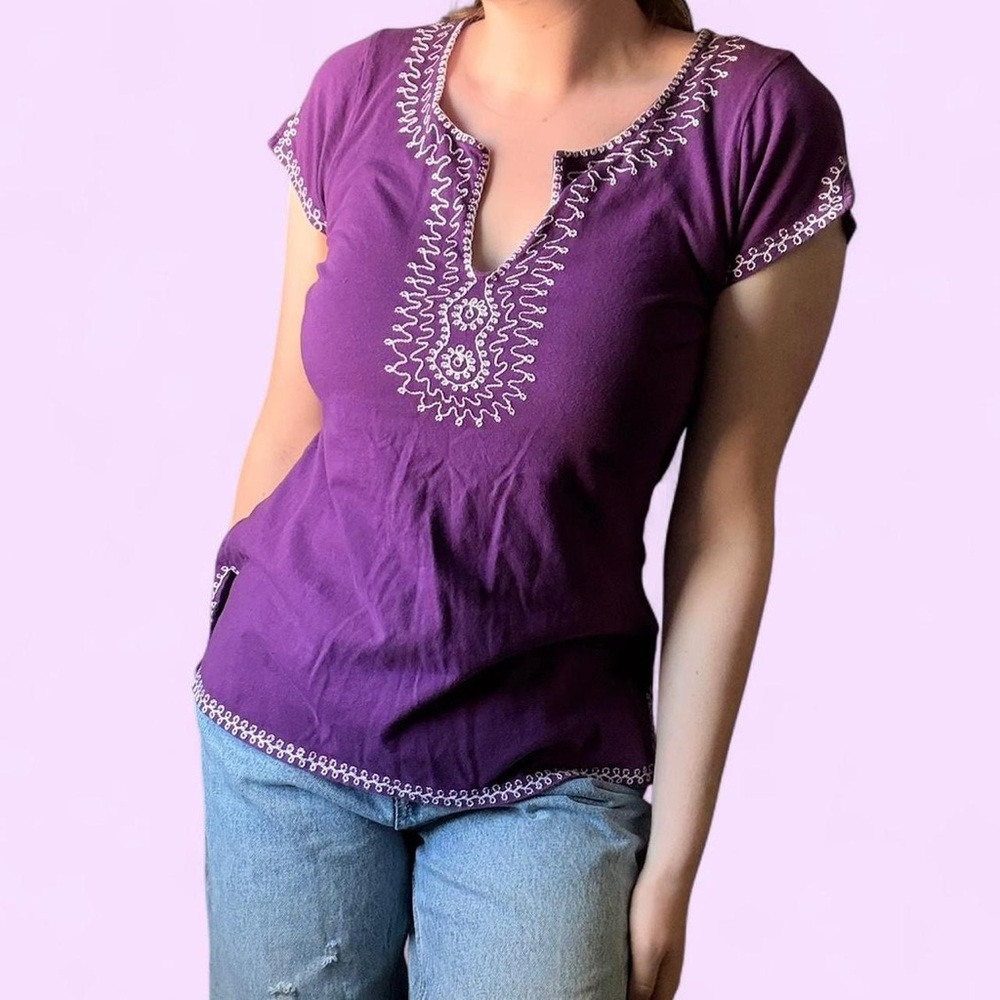 SOLD Vintage Lucky Brand Purple Embroidered Cap Sleeve Blouse